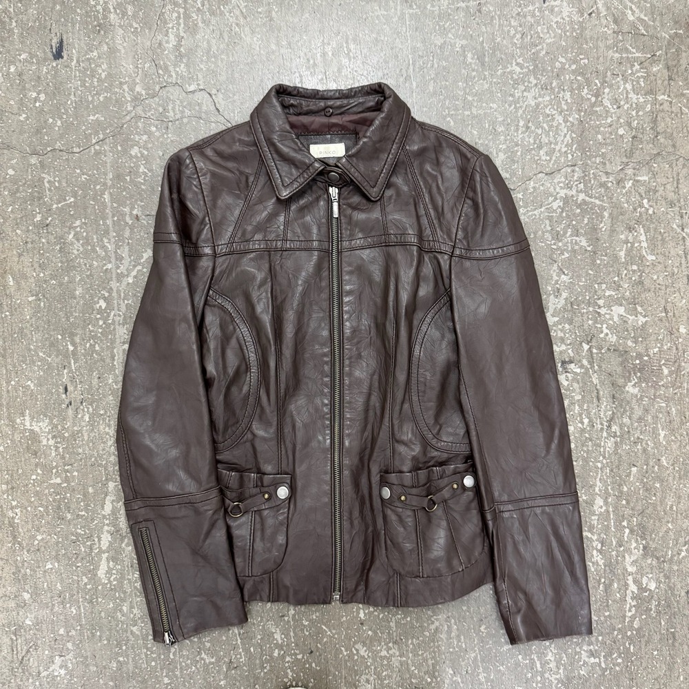 Pinko Leather Jacket Womens L Brown Excellent Lambskin Zip Up Moto Biker Crinkle